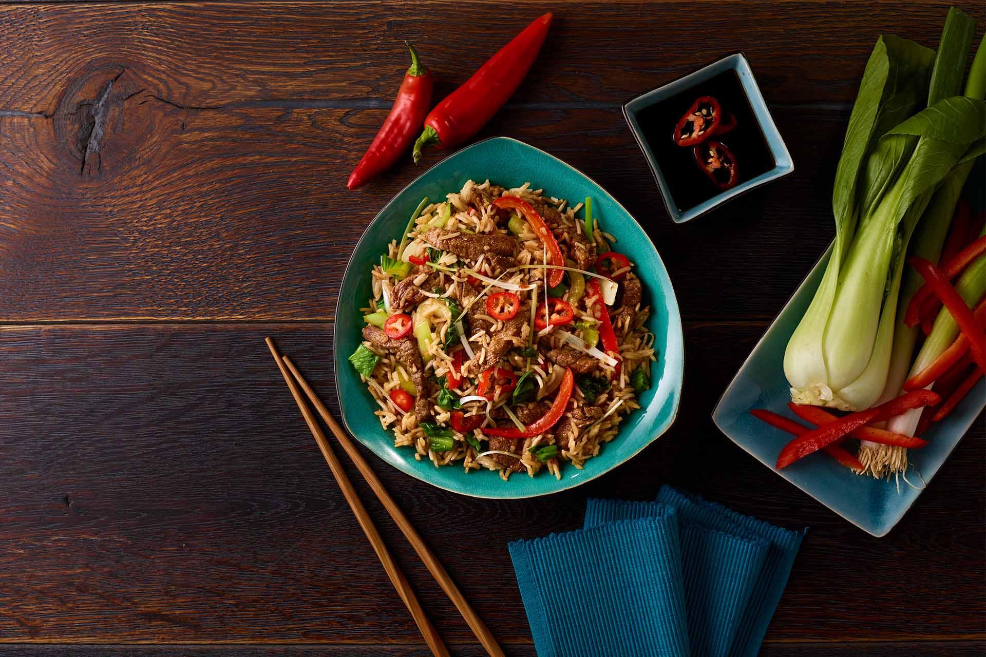 One Pot Chinese Style Beef with Braised Bok Choy and Basmati Rice